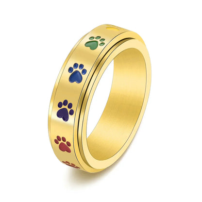 Spinning Stress Reducing Paw Ring ÃƒÂ¢Ã¢â€šÂ¬Ã¢â‚¬Å“ Stainless Steel with Rainbow Paws