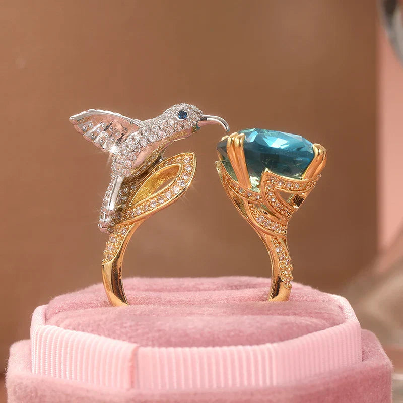 Adjustable Aquamarine-Color Hummingbird Ring ÃƒÂ¢Ã¢â€šÂ¬Ã¢â‚¬Å“ 14K Gold Plated