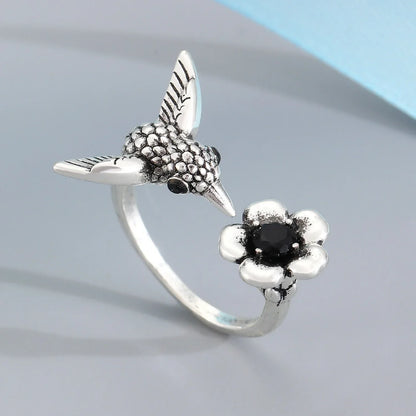 Hummingbird & Flower Ring Ã¢â‚¬â€œ Adjustable Open Bird Ring for Women