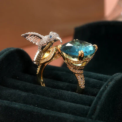 Adjustable Aquamarine-Color Hummingbird Ring ÃƒÂ¢Ã¢â€šÂ¬Ã¢â‚¬Å“ 14K Gold Plated