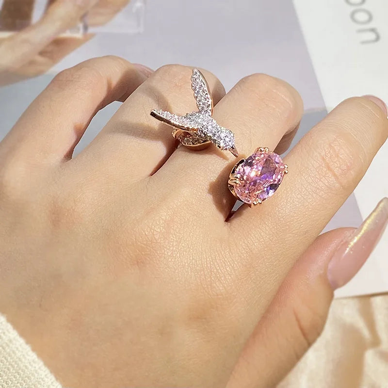 Adjustable Hummingbird Gemstone Ring ÃƒÂ¢Ã¢â€šÂ¬Ã¢â‚¬Å“ Zircon, 14K Gold Plated