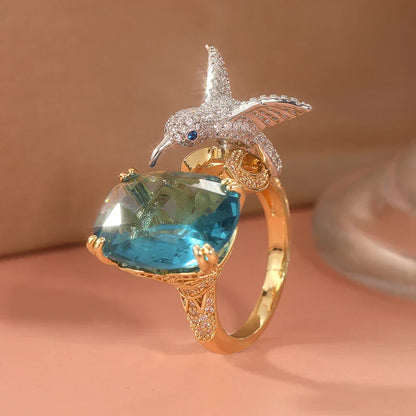 Adjustable Aquamarine-Color Hummingbird Ring ÃƒÂ¢Ã¢â€šÂ¬Ã¢â‚¬Å“ 14K Gold Plated