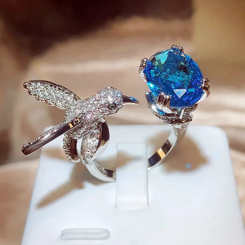 Adjustable Hummingbird Gemstone Ring ÃƒÂ¢Ã¢â€šÂ¬Ã¢â‚¬Å“ Zircon, 14K Gold Plated