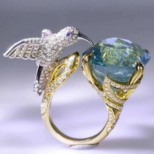 Adjustable Aquamarine-Color Hummingbird Ring ÃƒÂ¢Ã¢â€šÂ¬Ã¢â‚¬Å“ 14K Gold Plated
