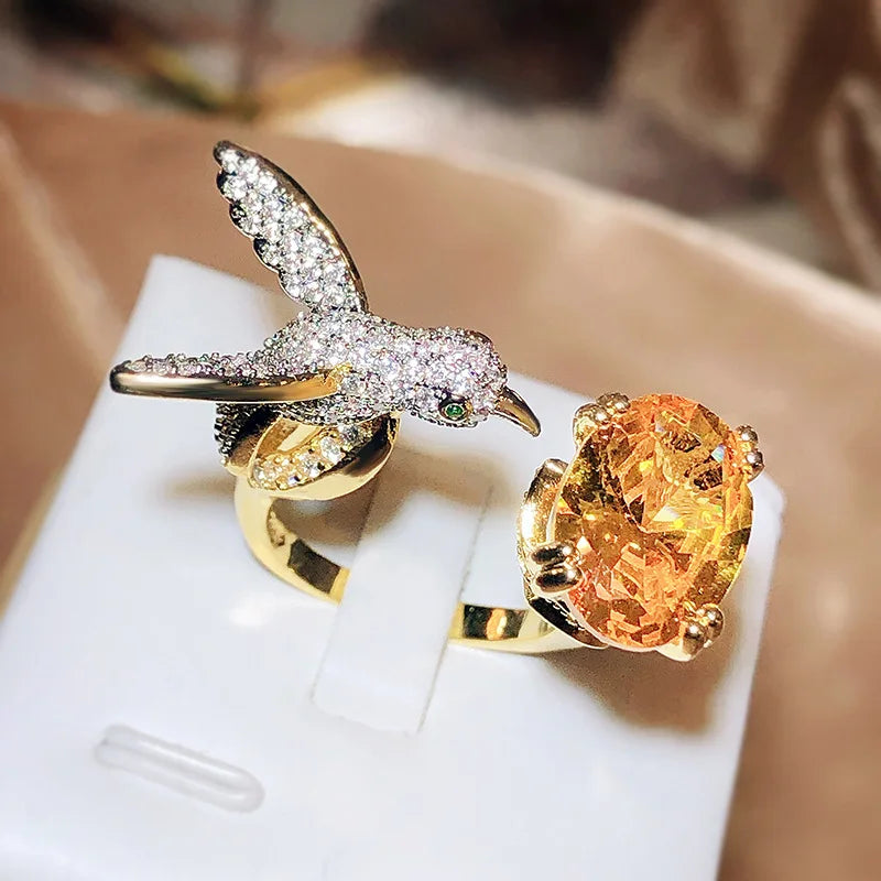 Adjustable Hummingbird Gemstone Ring ÃƒÂ¢Ã¢â€šÂ¬Ã¢â‚¬Å“ Zircon, 14K Gold Plated