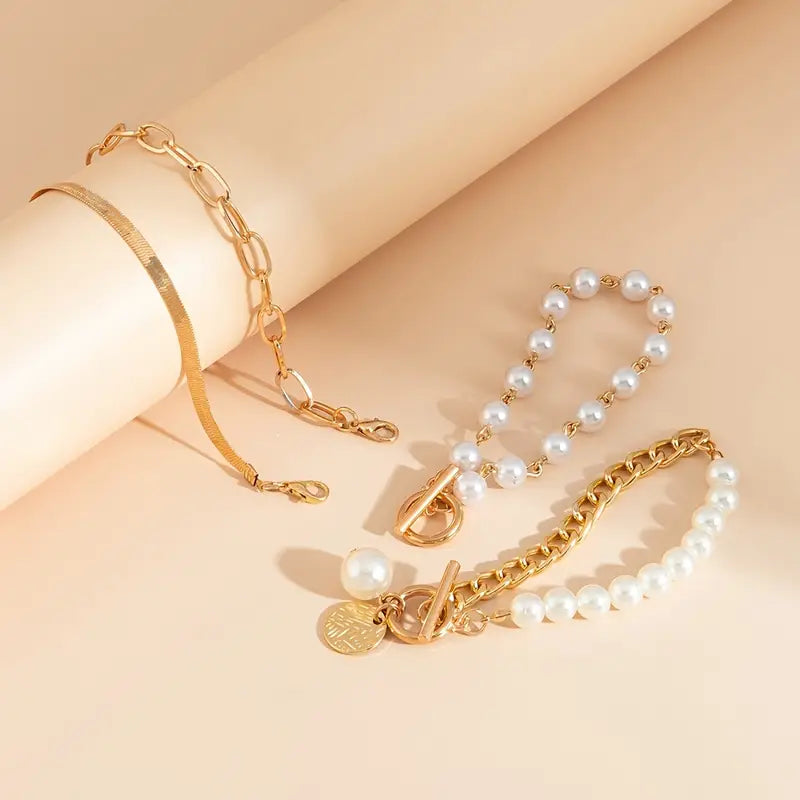 Chic Gold 4-Piece Bracelet Set ÃƒÂ¢Ã¢â€šÂ¬Ã¢â‚¬Å“ Snake, Pearls & Links | Gold