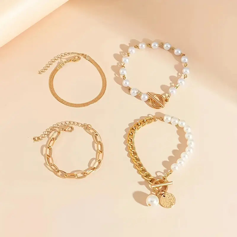 Chic Gold 4-Piece Bracelet Set ÃƒÂ¢Ã¢â€šÂ¬Ã¢â‚¬Å“ Snake, Pearls & Links | Gold
