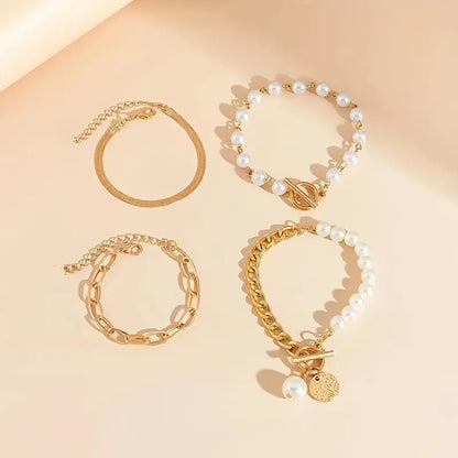 Chic Gold 4-Piece Bracelet Set ÃƒÂ¢Ã¢â€šÂ¬Ã¢â‚¬Å“ Snake, Pearls & Links | Gold
