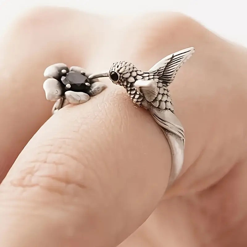 Hummingbird & Flower Ring Ã¢â‚¬â€œ Adjustable Open Bird Ring for Women