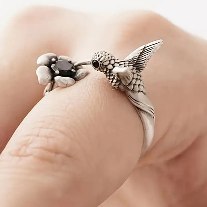 Hummingbird & Flower Ring Ã¢â‚¬â€œ Adjustable Open Bird Ring for Women