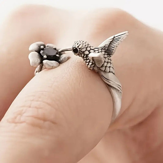 Hummingbird & Flower Ring Ã¢â‚¬â€œ Adjustable Open Bird Ring for Women
