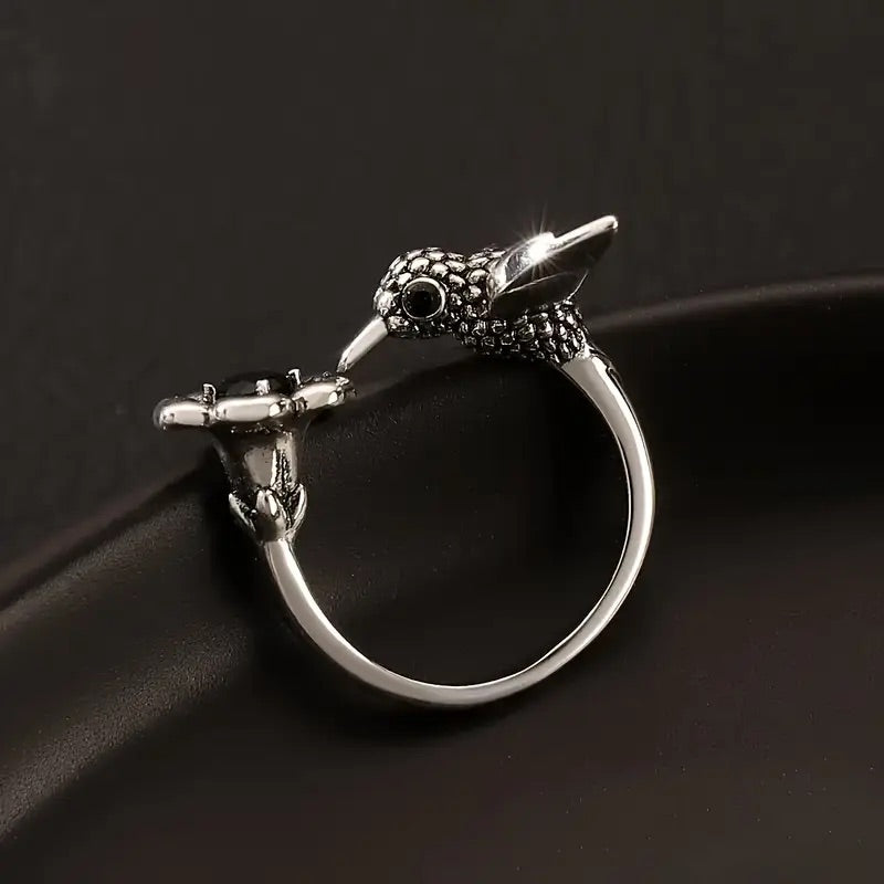 Hummingbird & Flower Ring Ã¢â‚¬â€œ Adjustable Open Bird Ring for Women
