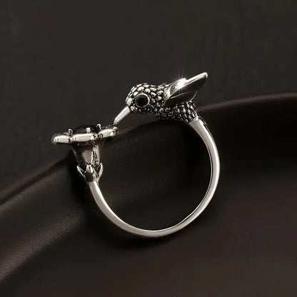 Hummingbird & Flower Ring Ã¢â‚¬â€œ Adjustable Open Bird Ring for Women