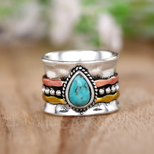 Blue Water Drop Silvered Ring