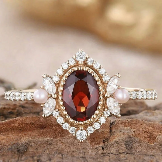 Red Glass Gold Pearl Ring