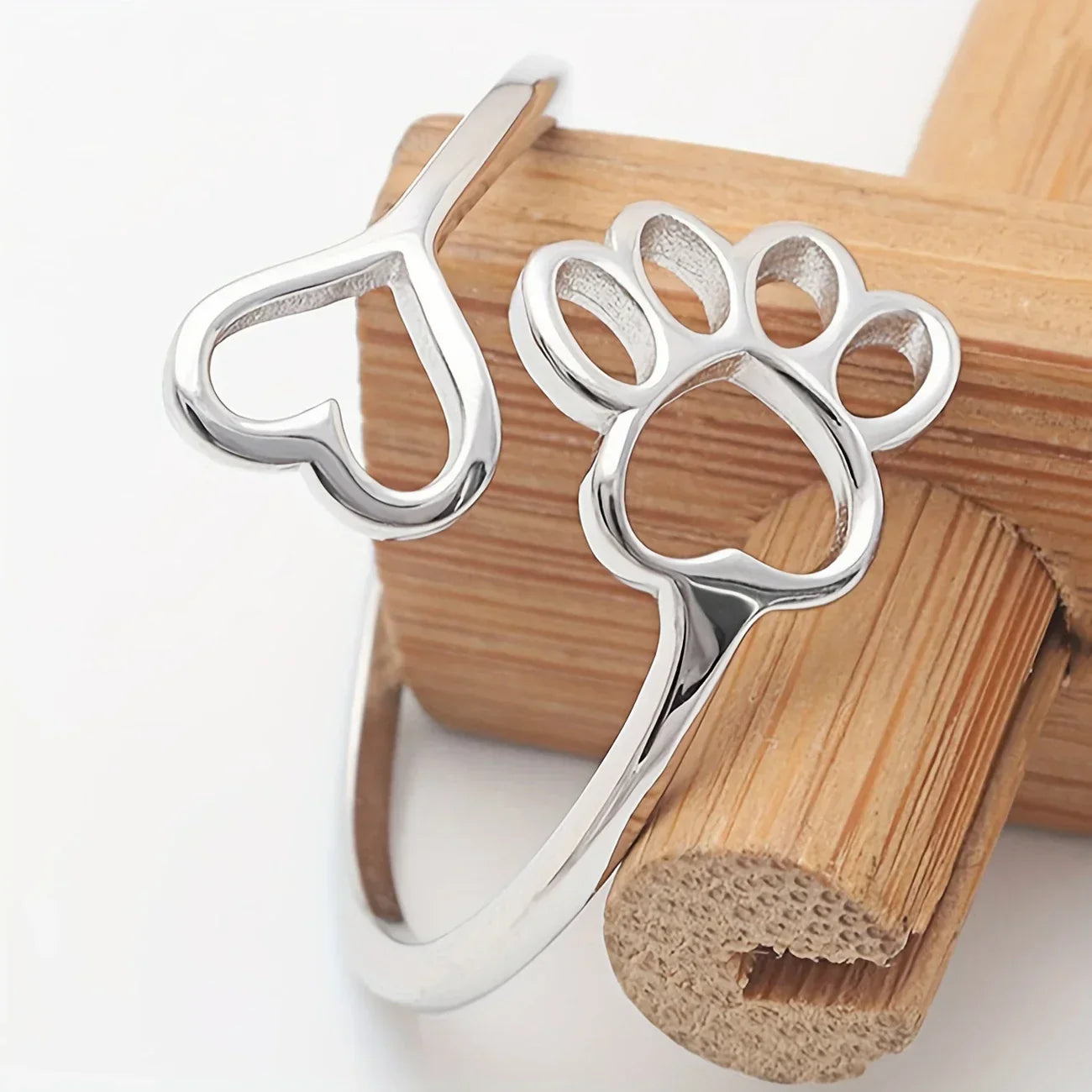 Handcrafted Paw & Heart Ring Ã¢â‚¬â€œ Adjustable 925 Sterling Silver