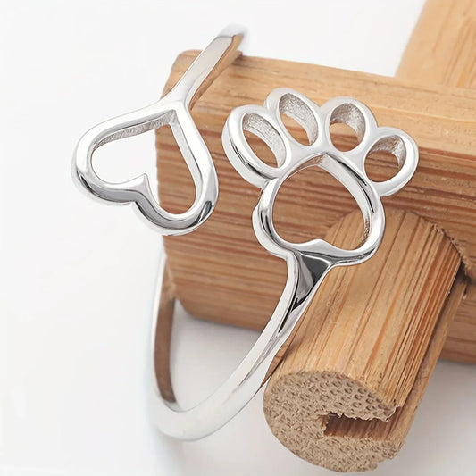 Handcrafted Paw & Heart Ring Ã¢â‚¬â€œ Adjustable 925 Sterling Silver
