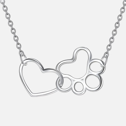 Sterling Silver Paw Print Necklace Ã¢â‚¬â€œ Heart Crystal Pendant