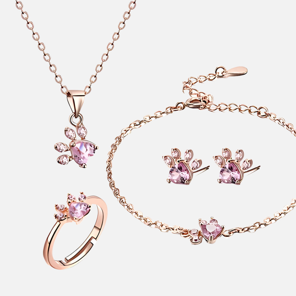 Rose Gold Paw Jewelry Set ÃƒÂ¢Ã¢â€šÂ¬Ã¢â‚¬Å“ 4 Pieces with Zirconia Heart (Ring, Necklace, Earrings, Bracelet)