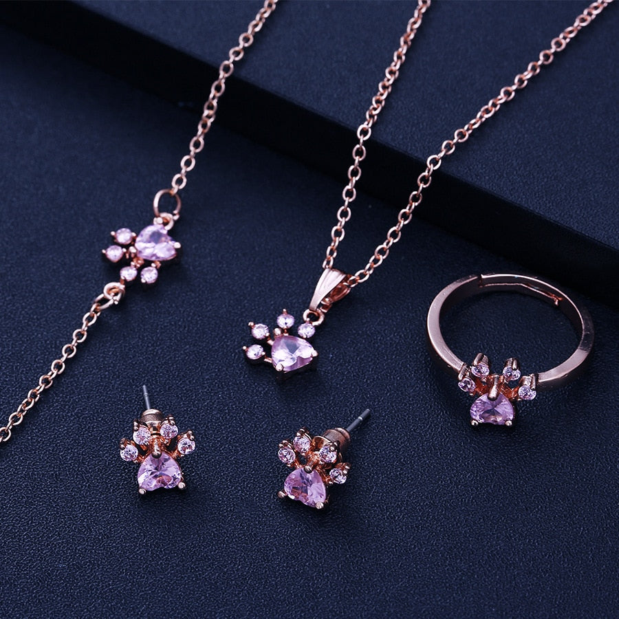 Rose Gold Paw Jewelry Set ÃƒÂ¢Ã¢â€šÂ¬Ã¢â‚¬Å“ 4 Pieces with Zirconia Heart (Ring, Necklace, Earrings, Bracelet)