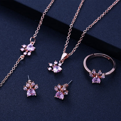 Rose Gold Paw Jewelry Set ÃƒÂ¢Ã¢â€šÂ¬Ã¢â‚¬Å“ 4 Pieces with Zirconia Heart (Ring, Necklace, Earrings, Bracelet)