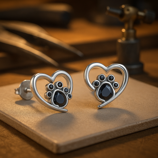 Heart Paw Stud Earrings Ã¢â‚¬â€œ Silver with Black Enamel