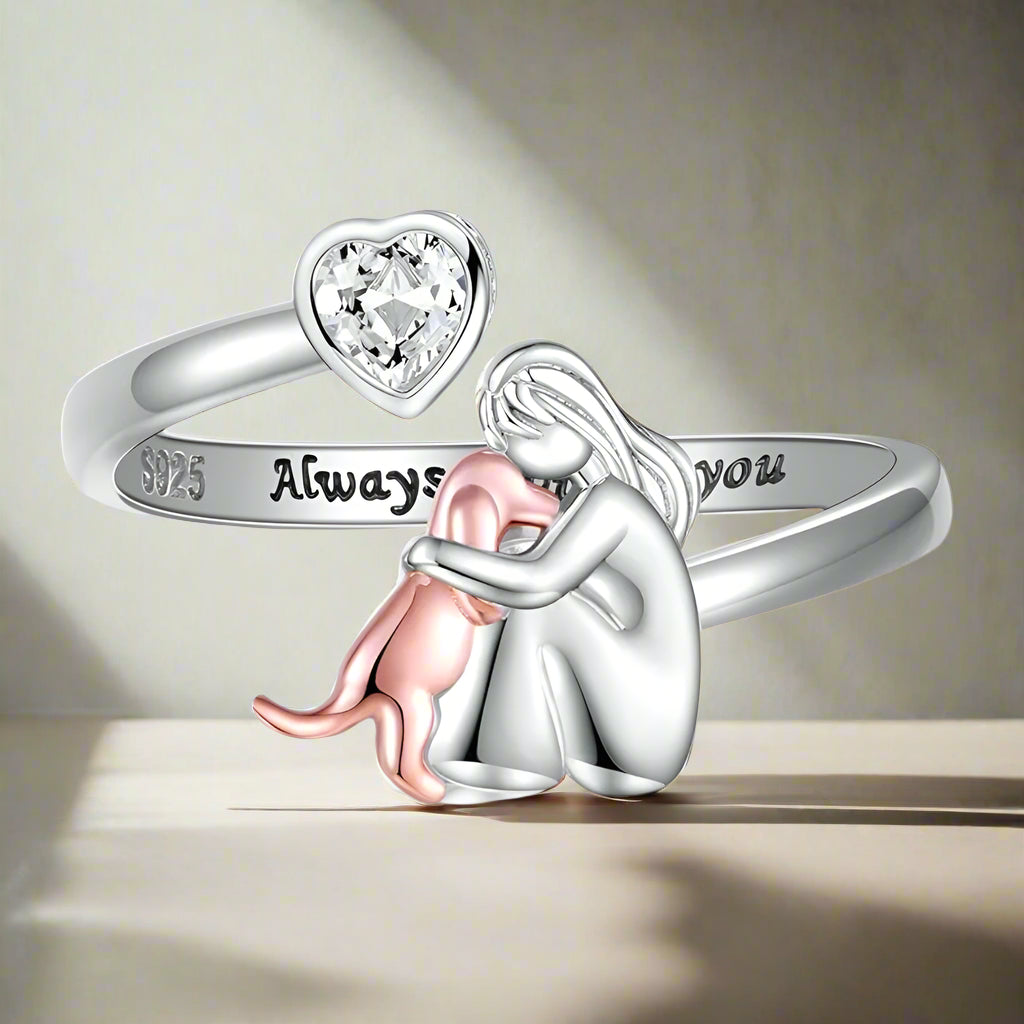 Adjustable Dog Ring in 925 Sterling Silver Ã¢â‚¬â€œ Ã¢â‚¬Å“Always in My HeartÃ¢â‚¬Â with Zirconia