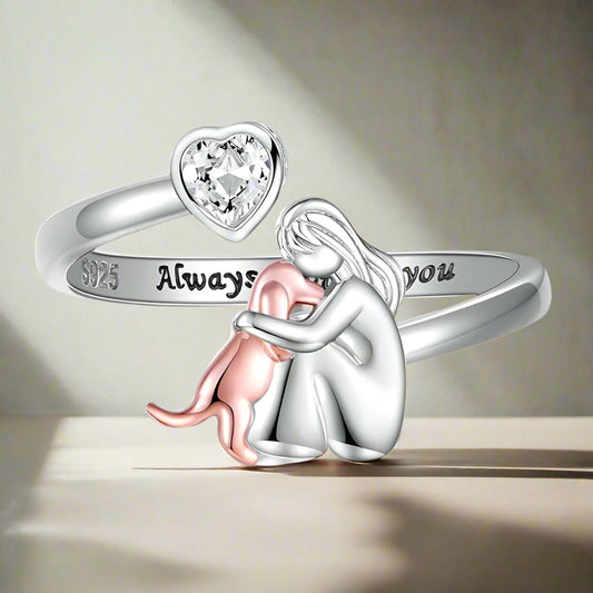 Adjustable Dog Ring in 925 Sterling Silver Ã¢â‚¬â€œ Ã¢â‚¬Å“Always in My HeartÃ¢â‚¬Â with Zirconia